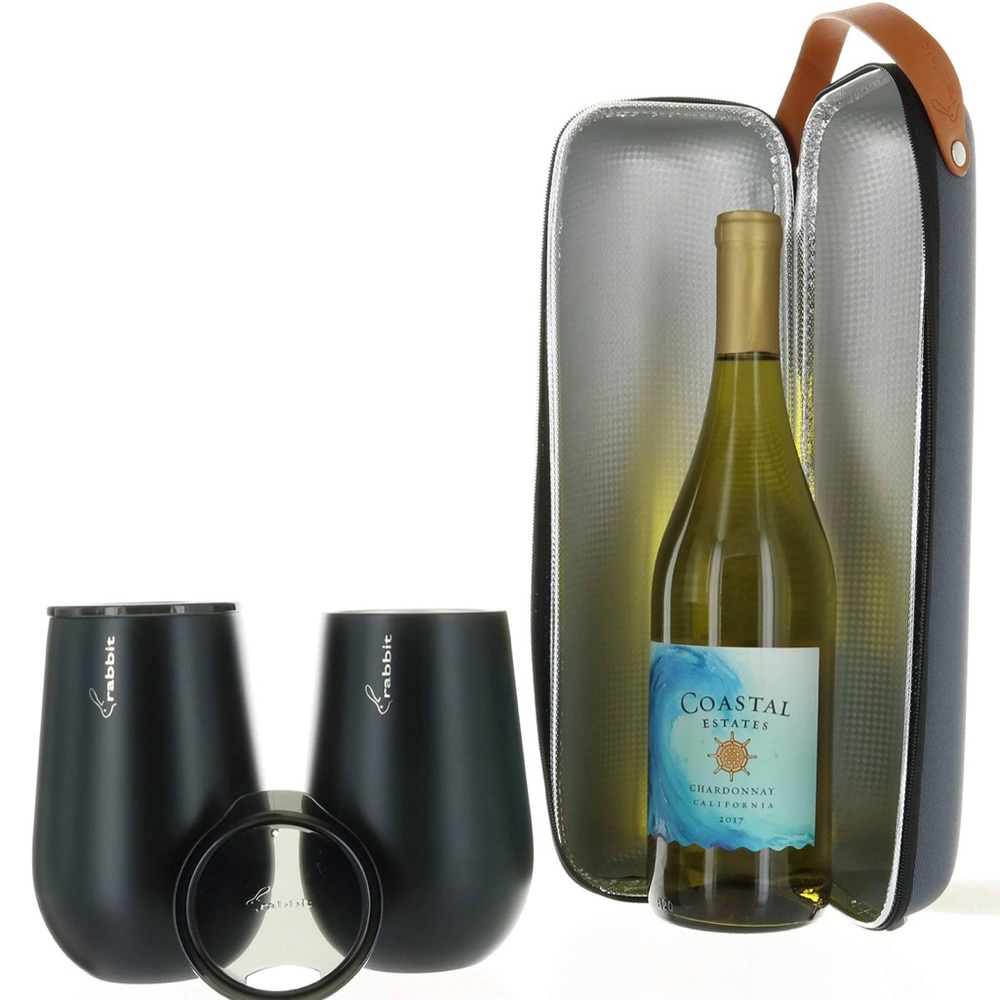 Wine Gift Set Insulated Bottle Carrier Black Stainless Tumblers Rabbit NEW Box
